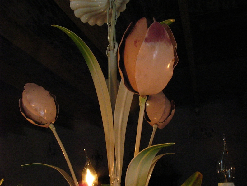 French Toleware chandelier with light rose enamel flowers and five arms 1960s