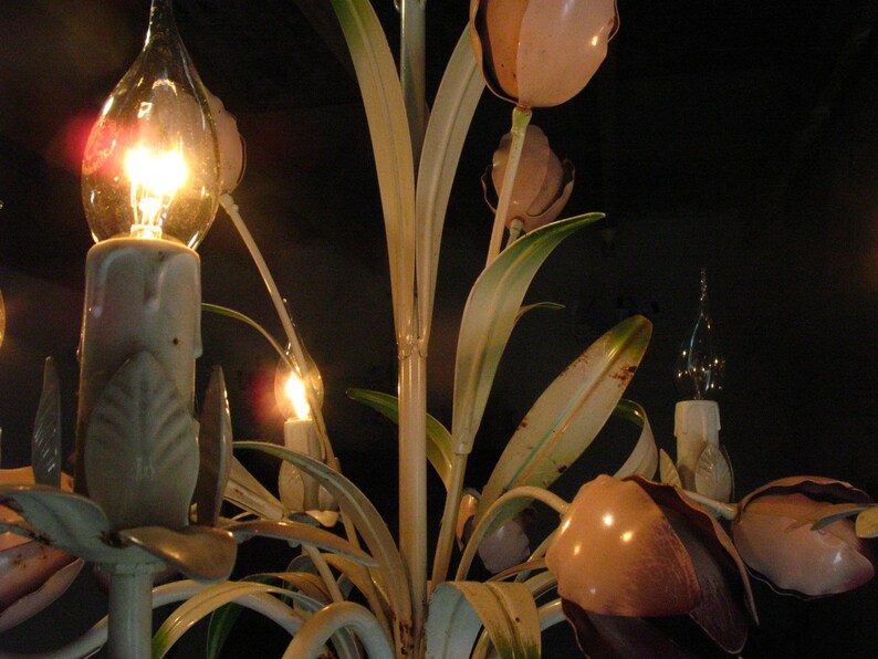 French Toleware chandelier with light rose enamel flowers and five arms 1960s