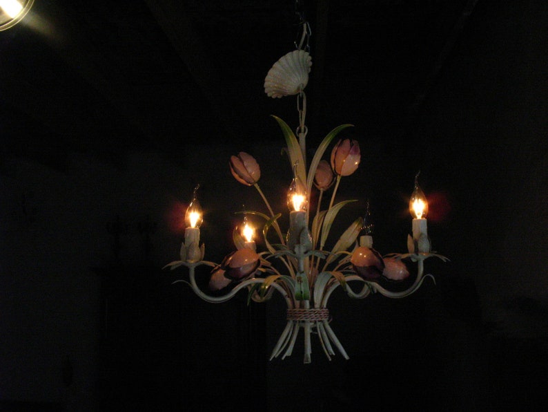 French Toleware chandelier with light rose enamel flowers and five arms 1960s