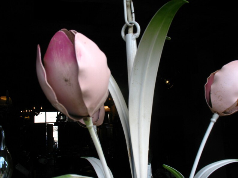 French Toleware chandelier with light rose enamel flowers and five arms 1960s