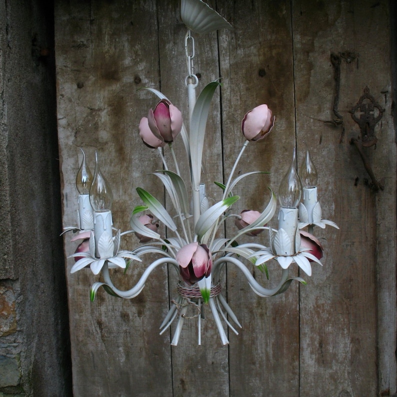 French Toleware chandelier with light rose enamel flowers and five arms 1960s