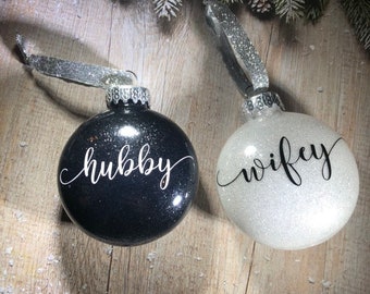 Hubby and wifey ornaments -- MR AND MRS -- wedding gifts