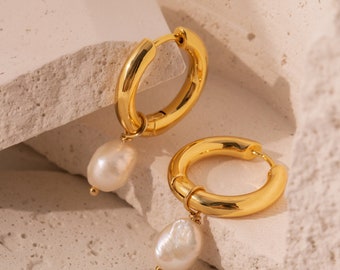 18k Gold Plated Hoop Earrings with Freshwater Pearls in Jewellery Gift Box