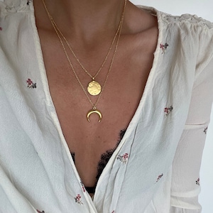 Hammered Disc & Crescent Moon Necklaces, 18k Gold Plated Brass, in Gift Box