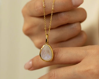 SALE Large Faceted Moonstone Gemstone Necklace 18K Gold Plated in Gift Box
