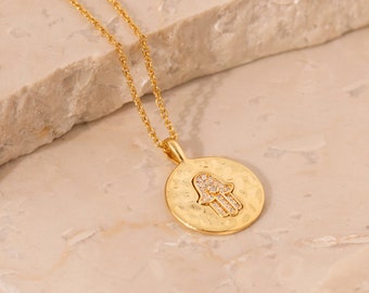 Hamsa Hand 18k Gold Plated Brass Hammered Disc Coin Necklace in Gift Box