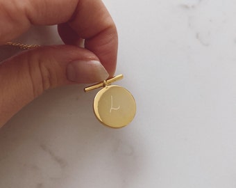 Personalised Disc Necklace, Gold Bar Disc, 18k Gold Plated Brass, Letter or Name in gift box