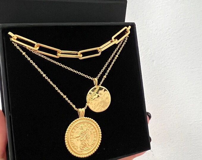 Gold Layered Disc Necklaces, Link Chain & Discs Coins, 18k Gold Plated Multirow Layered Necklaces in gift box