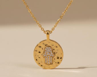 Hamsa Molten Hammered Disc Pendant Necklace: 18k Gold Plated Brass, Cubic Zirconia