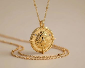 18k Gold Plated Leo Zodiac Necklace: Lion Pendant, Cubic Zirconia Personalised Engraved