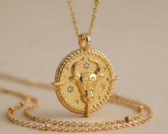 Gold Plated Taurus Zodiac Necklace: April/May Birthday Gift Personalised Engraved