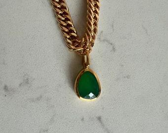 Green Onyx Gemstone Chunky Chain Necklace 18K Gold Plated in Gift Box