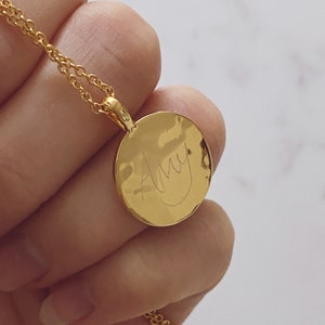 Hammered Disc Personalised Engraved Necklace, 18k Gold Plated Brass, Perfect Name or Initial Gift