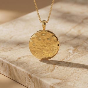 Engraved Molten Hammered Disc Necklace: 18k Gold Plated Personalized Initial Name Jewellery