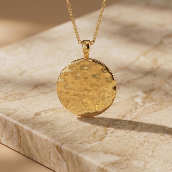 Engraved Molten Hammered Disc Necklace: 18k Gold Plated Personalized Initial Name Jewellery