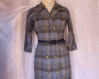 Vintage 1950s Blue Plaid Dress | Wiggle Dress