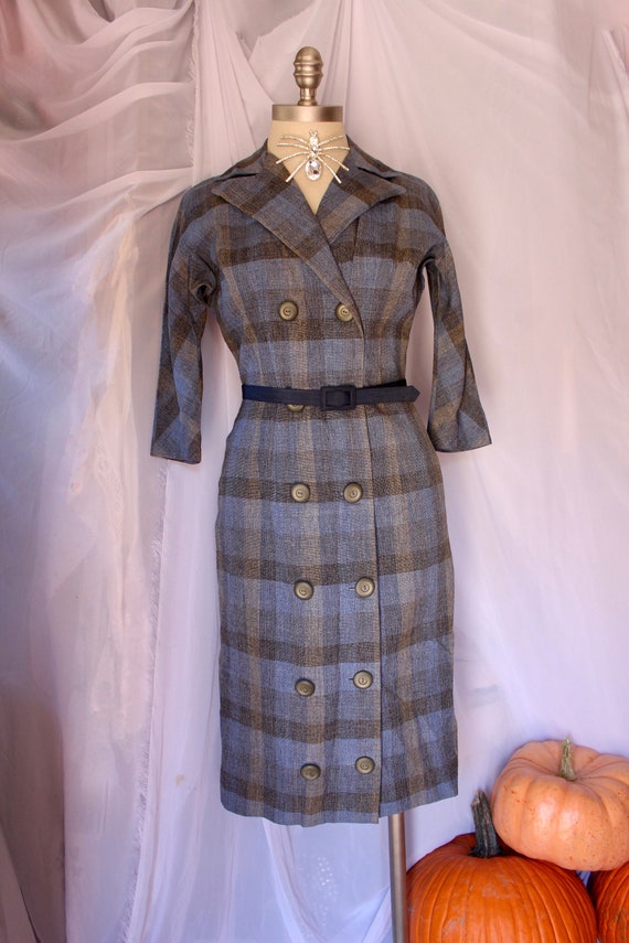 Vintage 1950s Blue Plaid Dress | Wiggle Dress