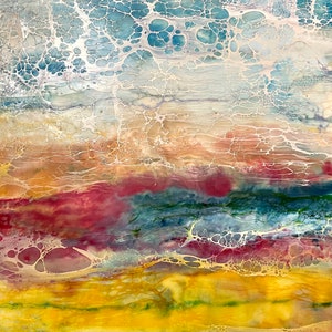 Encaustic Wax Painting, 10”x10” Abstract Landscape, Shellac burn Technique, Colorful Seascape Art
