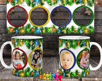 Christmas Lights and Ornament Mug Template Design, Collage Full Wrap Mug Sublimation Design, Add your own photos, Christmas Ornament Mug