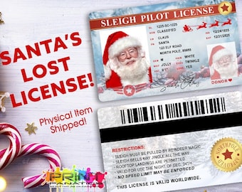 PHYSICAL ITEM - North Pole Drivers Sleigh License, Santa Claus Lost License, Santa's lost pilot license, Santa's Lost ID, driver license