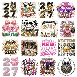 以下が含まれることがあります： 2027年の新年をテーマにした16種類のデジタルグラフィックデザイン集。画像には「Happy New Year」、「Hello 2027」、「Family New Year」などのテキストが含まれ、ミラーボール、リボン、シャンパンボトル、星、ヒョウ柄のパターンで装飾されています。