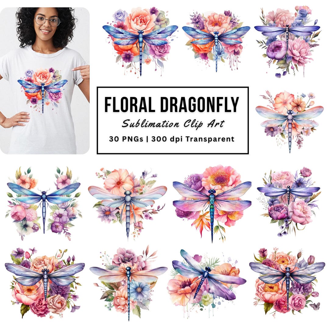 Watercolor Floral Dragonfly Clipart: Colorful Dragonflies PNG ...