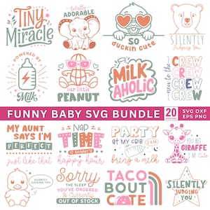 May include: A collection of 20 SVG designs with baby-themed graphics and text. Designs include phrases like "Tiny Miracle," "Milk Aholic," and "Party at my Crib." The color palette features pink, green, and orange.