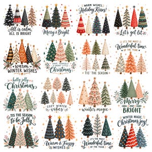 Puede incluir: Una colección digital de dieciséis ilustraciones cuadradas con varios árboles de Navidad estilizados en diversos colores y patrones, acompañados de frases festivas como All is calm, Merry & Bright y Warm Winter Wishes.