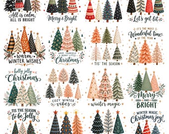 Puede incluir: Una colección digital de dieciséis ilustraciones cuadradas con varios árboles de Navidad estilizados en diversos colores y patrones, acompañados de frases festivas como All is calm, Merry & Bright y Warm Winter Wishes.