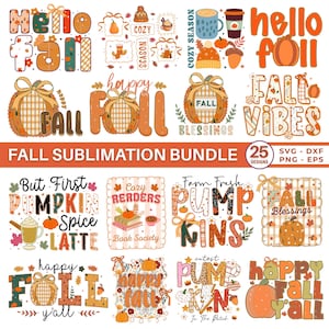 Puede incluir: Una colección de diseños con temática otoñal con calabazas, hojas y frases de otoño. Los diseños incluyen "Hello Fall", "Fall Vibes" y "But First Pumpkin Spice Latte". El paquete incluye 25 diseños en formatos SVG, DXF, PNG y EPS.