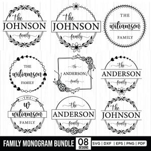 May include: A digital collection of eight black and white family monogram designs featuring circular and square frames with floral, leaf, and heart accents. The text includes names like JOHNSON, WILIAMSON, and ANDERSON with the word family.
