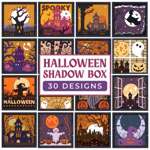 May include: A collection of Halloween-themed shadow box designs. Each square features a unique spooky scene, including haunted houses, bats, pumpkins, and full moons. The text "Halloween Shadow Box" and "30 Designs" are displayed in the center.