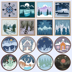 May include: A collection of twenty-four square and circular wall art pieces featuring winter scenes, including snowflakes, snow-covered mountains, pine forests, snowmen, deer, and houses, all framed in wood with a layered paper cut-out aesthetic.