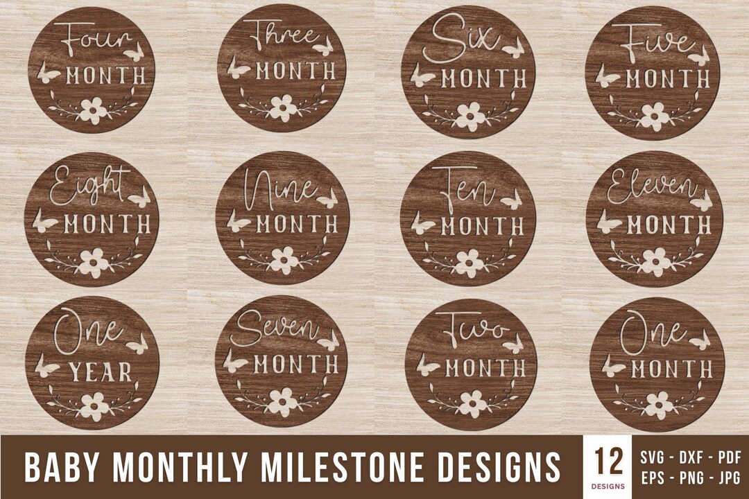 Baby Milestone Cards SVG Bundle: 12 Monthly Milestone Laser Cut Files ...