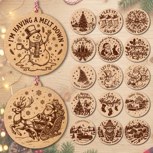 May include: A collection of round wooden Christmas ornaments featuring laser-engraved designs including a snowman with the text I'M HAVING A MELT DOWN, Santa in a sleigh, candy canes, stockings, Christmas trees, and various winter scenes.