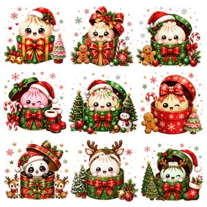 Puede incluir: Una colección de nueve ilustraciones que muestran lindas albóndigas antropomórficas con rostros expresivos, cada una dentro de cajas de regalo navideñas decoradas, rodeadas de elementos festivos como galletas de jengibre, bastones de caramelo y árboles.