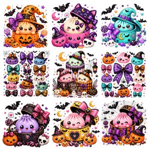 May include: A collection of nine square illustrations featuring cute, stylized dumplings in various Halloween-themed settings, including jack-o'-lanterns, gift boxes, bows, bats, skulls, and candy, all rendered in a vibrant purple, orange, and teal color palette.