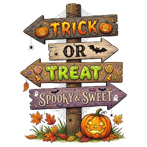 May include: A wooden signpost with four directional arrows featuring Halloween themes. The signs display the text TRICK, OR, TREAT, and SPOOKY & SWEET. Decorations include carved jack-o'-lanterns, spiders, bats, ghosts, colorful candies, and autumn leaves.