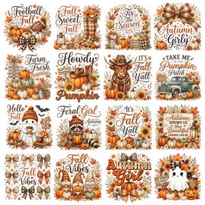 Op de afbeelding: Een verzameling van zestien digitale illustraties met herfstthema's, waaronder pompoenen, zonnebloemen, herfstbladeren, geesten, kabouters, een hooglandrund, een vrachtwagen en diverse seizoensgebonden tekstfrases zoals Football Fall en Autumn Girl.