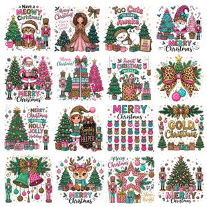 Può includere: Una collezione di sedici illustrazioni a tema natalizio con schiaccianoci, alberi di pino decorati, fiocchi con stampa leopardata, regali incartati, Babbo Natale, un angelo, una renna e testi festivi come Merry Christmas in colori vivaci.