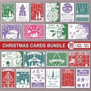 May include: A digital collection of 30 Christmas card designs featuring festive illustrations like reindeer, Santa Claus, snowmen, Christmas trees, and nativity scenes. Each graphic includes the text Merry Christmas in various fonts and styles.