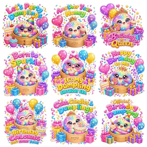 May include: A collection of nine colourful illustrations featuring cute, rainbow-coloured dumpling characters in bamboo steamers, surrounded by birthday gifts, balloons, confetti, and cakes, with various celebratory text phrases in bright, playful fonts.