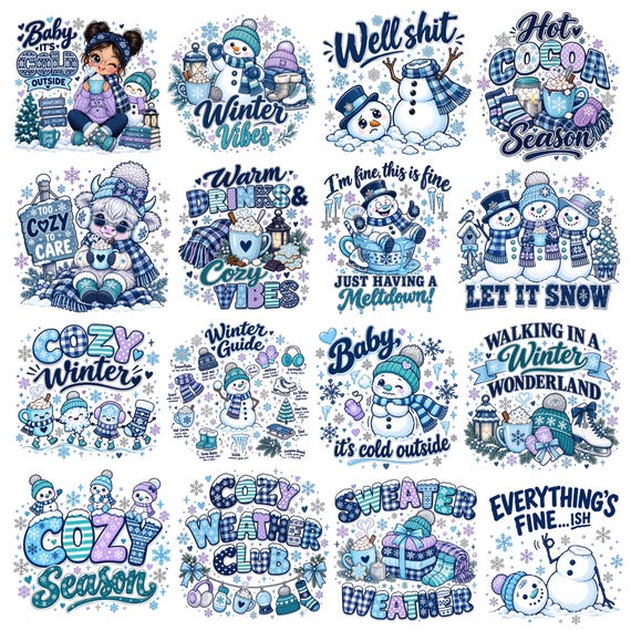 30 Winter PNG Bundle, Baby It's Cold Outside Let It Snow Sweater Weather Shirt Snowman Design, Cozy Winter Quotes Sublimation Designs