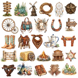 Può includere: Una collezione di illustrazioni a tema western che include un cartello in legno, cactus, un mulino a vento, un lazo, un acchiappasogni, un distintivo da sceriffo, ruote di carro, una borsa in pelle, un teschio di bue, un ferro di cavallo, stivali da cowboy, una sella, una bandana, un set da caffè, fondine, un cancello, fieno, un falò, un saloon, una stella, un tepee, un diario in pelle e guanti.