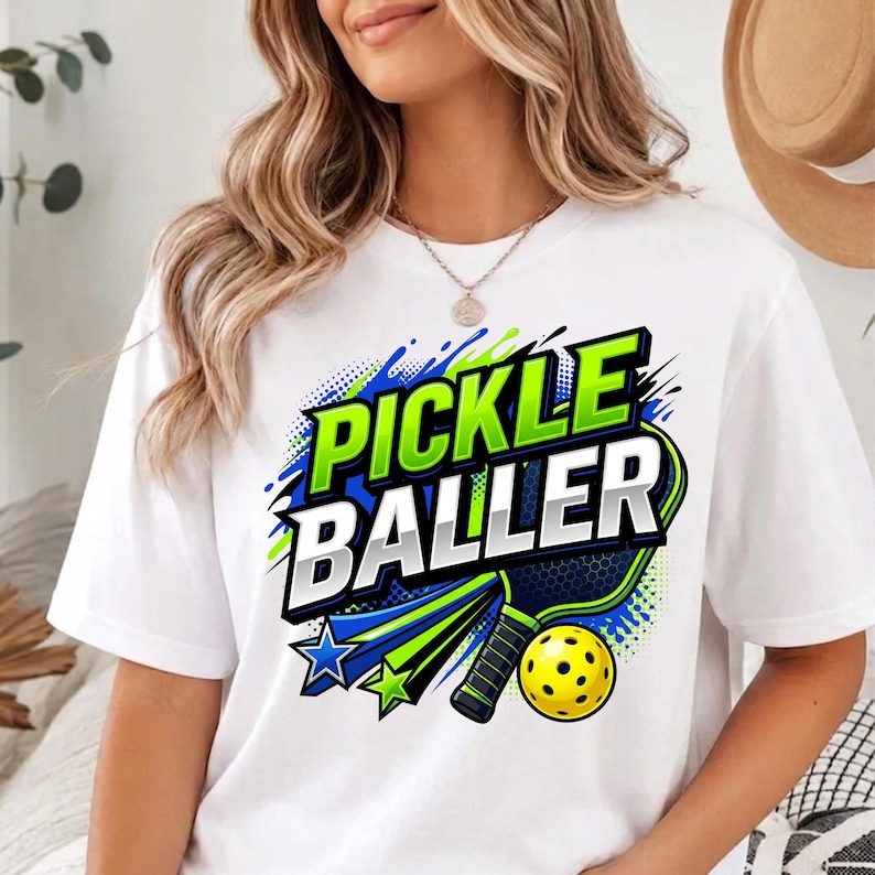 May include: A white short-sleeved t-shirt featuring a graphic design with the text PICKLE BALLER in bold green and white letters. The design includes a black pickleball paddle, a yellow pickleball, and blue and green star accents.