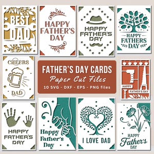 Puede incluir: Un conjunto de archivos de corte de papel para el Día del Padre. Los diseños incluyen tarjetas con textos como "Mejor papá", "Feliz Día del Padre" e "Amo a papá". Las tarjetas presentan varios temas, incluyendo herramientas, cerveza y un árbol.