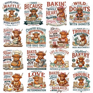 Pode incluir: Uma coleção de dezasseis designs gráficos apresentando vacas Highland em várias cenas de pastelaria com texto incluindo Highland Waffle Bakery, I Bake Because Than Therapy, Bakin With A Whole Heart e Wild About Donuts com produtos de padaria.