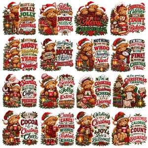 Puede incluir: Una colección de dieciséis ilustraciones digitales que muestran vacas de las Tierras Altas con atuendos navideños, incluyendo gorros de Papá Noel y bufandas, rodeadas de decoraciones festivas, regalos y frases como Have a Holly Jolly Yeehaw.