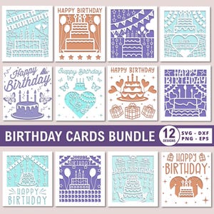 Könnte beinhalten: Eine Sammlung von 12 quadratischen Geburtstagskartendesigns mit Illustrationen im Scherenschnitt-Stil, die Kuchen, Luftballons, Geschenke und Sterne zeigen. Jede Karte enthält den Text Happy Birthday in verschiedenen Schriftarten und Farben.