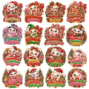 Peut inclure: Une collection de seize autocollants circulaires sur le thème de Noël représentant des personnages de dessins animés comme le Père Noël, des lutins et des bonshommes en pain d'épice. Chaque autocollant inclut des éléments festifs comme des couronnes, des nœuds et des sucres d'orge avec du texte.